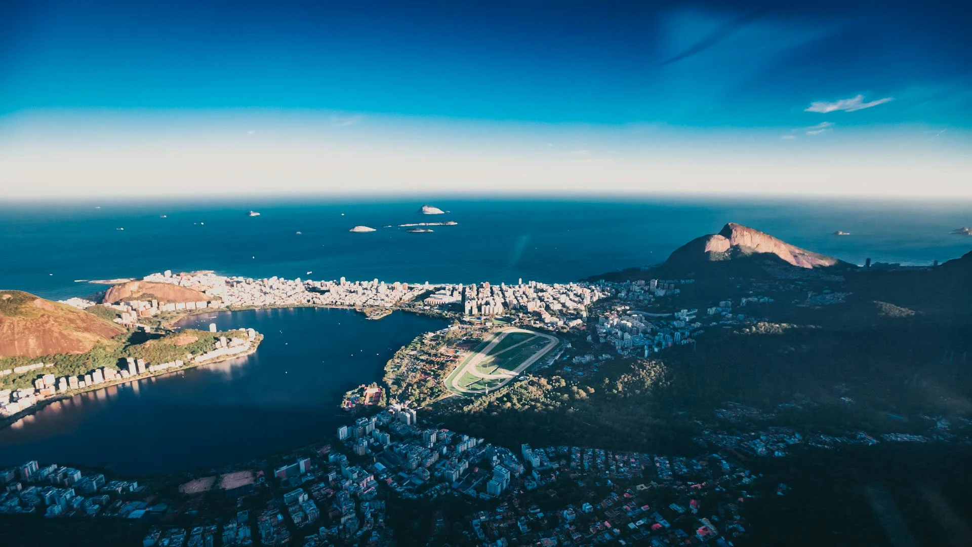 Rio de Janeiro aerial view with Christ the Redeemer, Sugarloaf Mountain, and Guanabara Bay