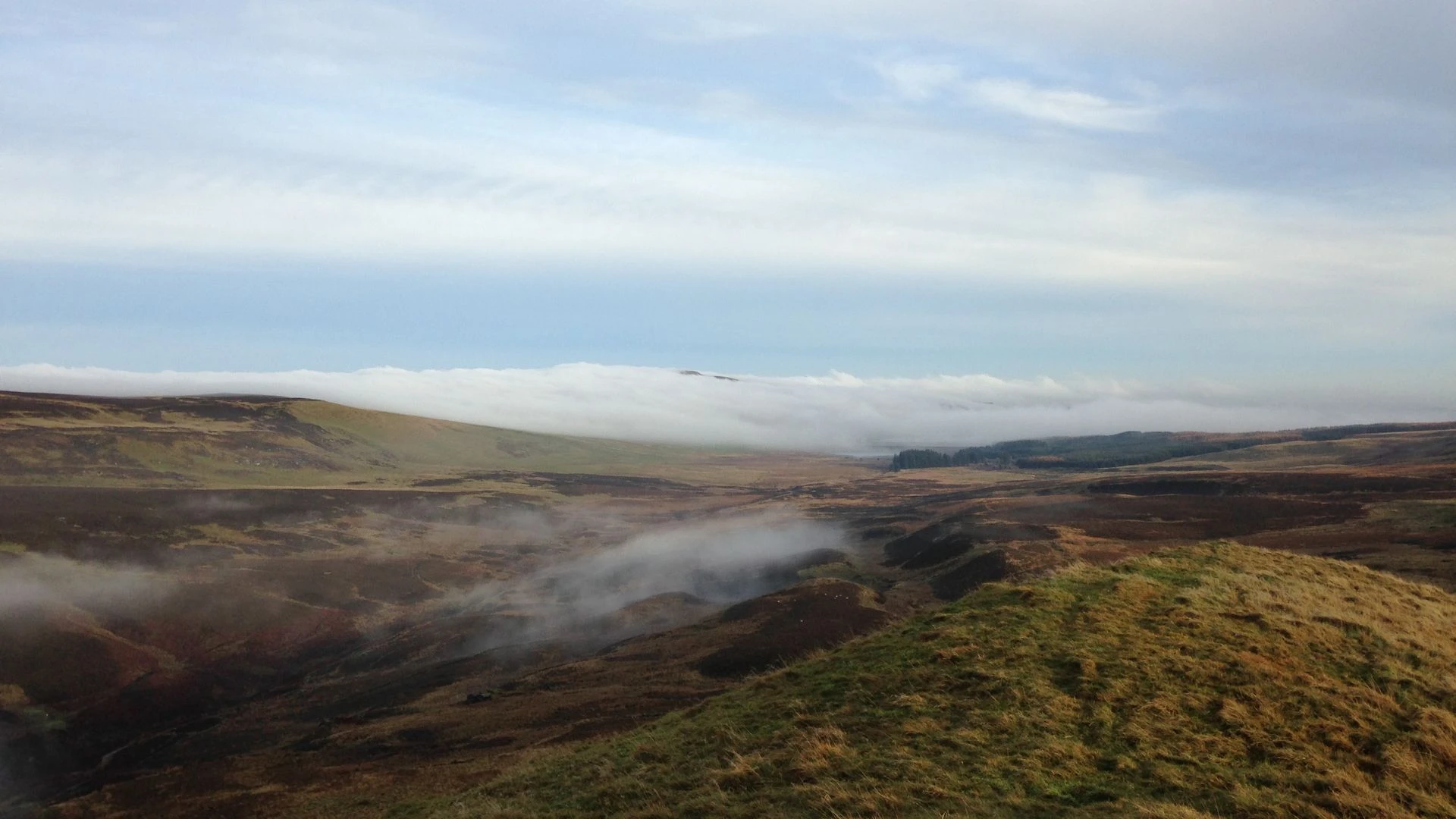 Scottish Highland landscape with misty mountains, loch, and autumn heather